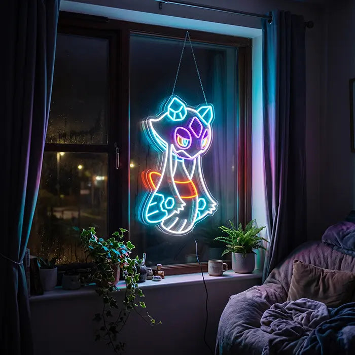 Pokémon Froslass Neon LED Sign in a window with plants, an armchair in front