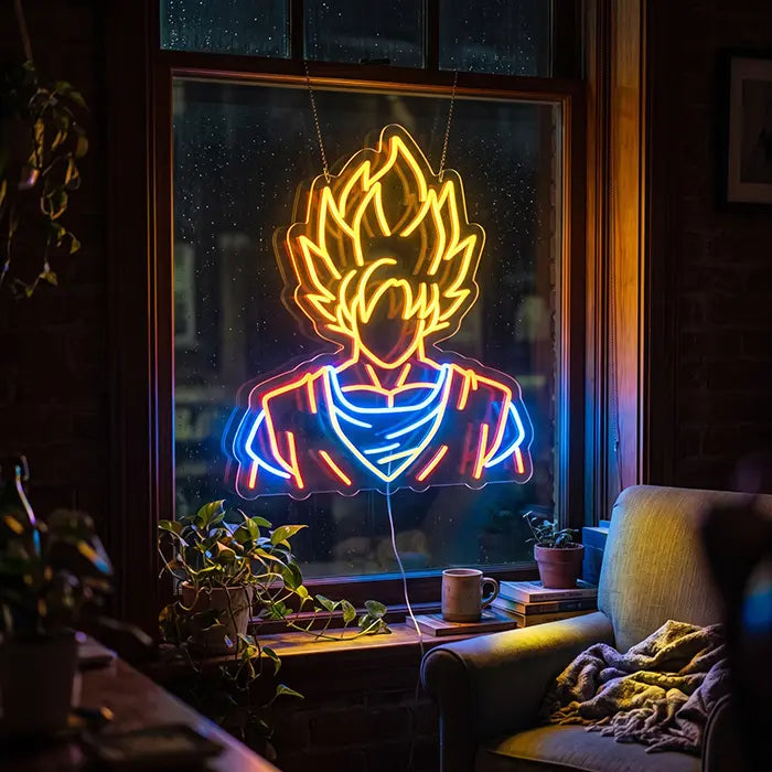 Super Saiyan Anime Hero Neon LED Sign in a window with plants, an armchair with a throw in front