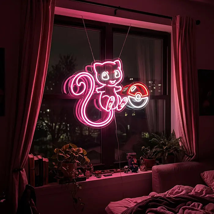 Cute Mew with Poké Ball Neon LED Sign – Dimmable with Remote | Pokémon Gaming Decor