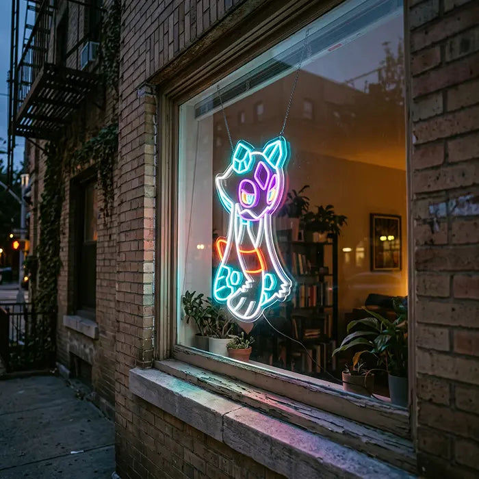 Pokémon Froslass Neon LED Sign in the window of a brick house, seen from the street at dusk