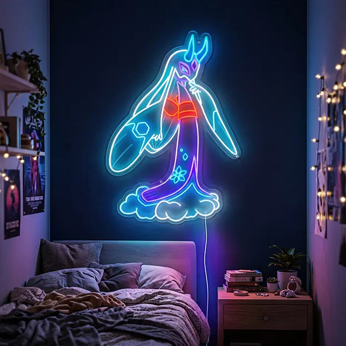 Pokémon Mega Froslass Neon LED Sign on a dark blue bedroom wall above the bed, fairy lights beside