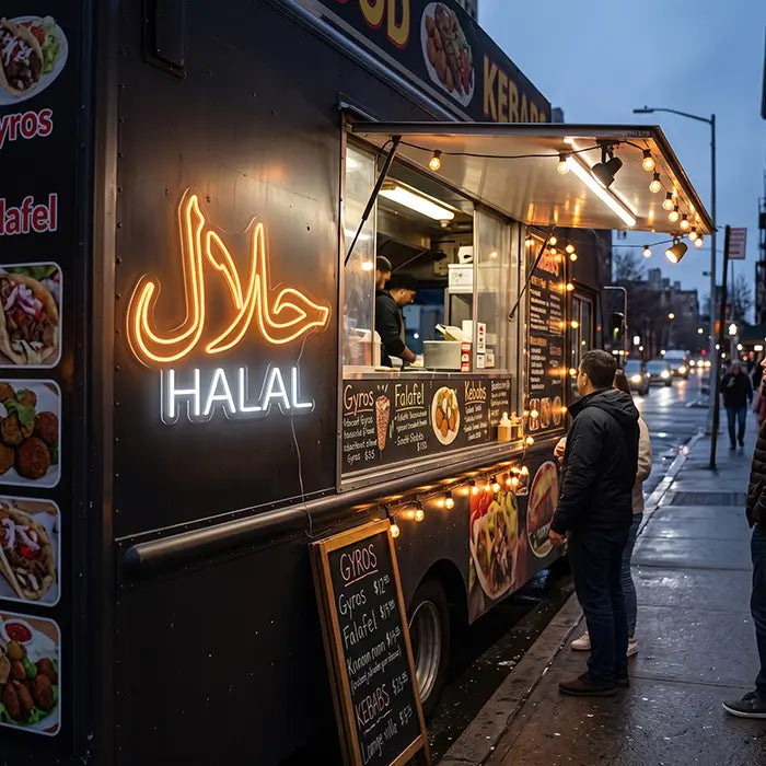 Halal Bilingual Neon LED Sign – USB, Dimmable | Restaurant Decor