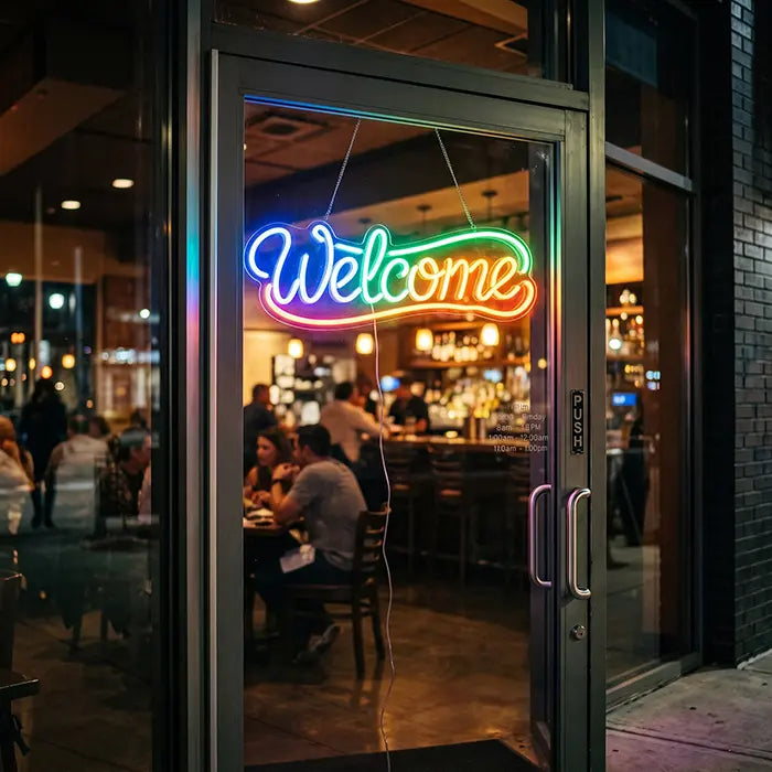 Welcome Neon LED Sign on the glass door of a restaurant