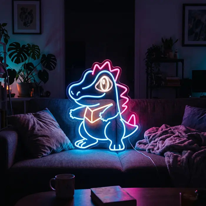 Pokémon Totodile Set Neon LED Sign, design Totodile Punk: above a sofa with a throw and cushions