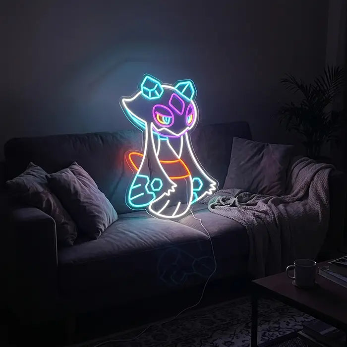 Pokémon Froslass Neon LED Sign above a grey sofa with cushions and a throw