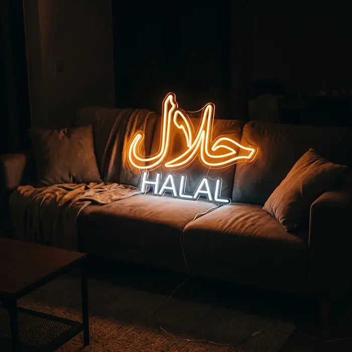 Halal Bilingual Neon LED Sign – USB, Dimmable | Restaurant Decor