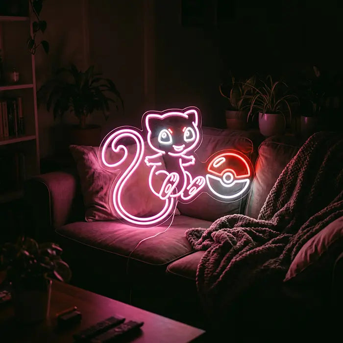 Cute Mew with Poké Ball Neon LED Sign – Dimmable with Remote | Pokémon Gaming Decor
