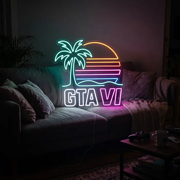 GTA VI Miami Set Neon LED Sign in the Standard design above a sofa with cushions