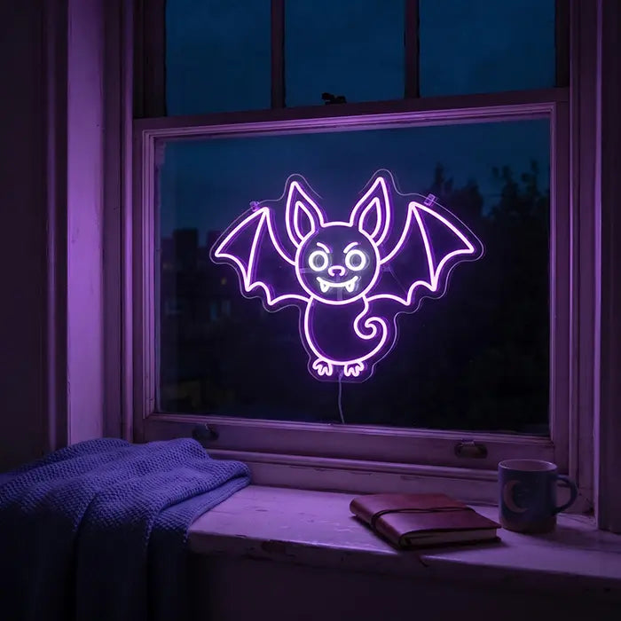 Fledermaus Freddy Neon LED Schild – Dimmbar mit Fernbedienung | Halloween Kinderzimmer Deko