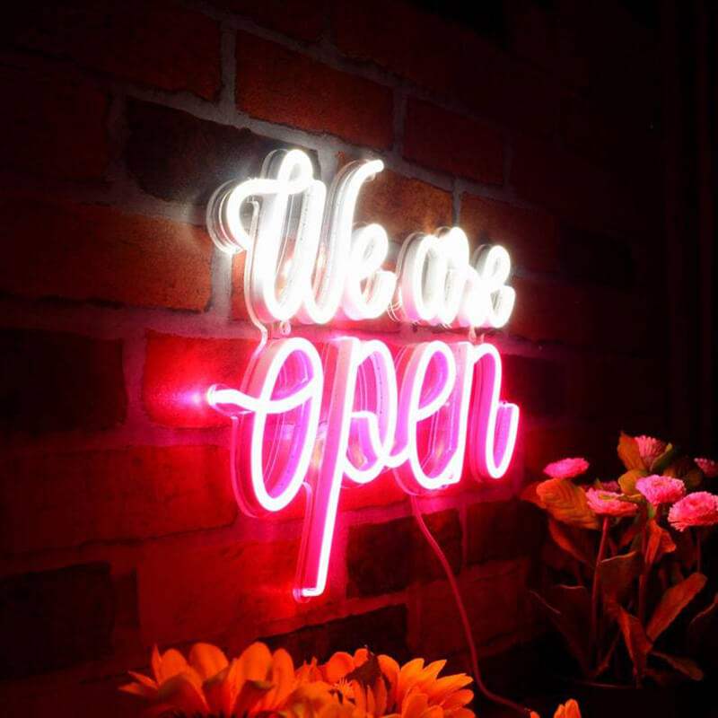 We Are Open Neonschild dimmbar 9 Stufen USB – handgefertigte Business Deko