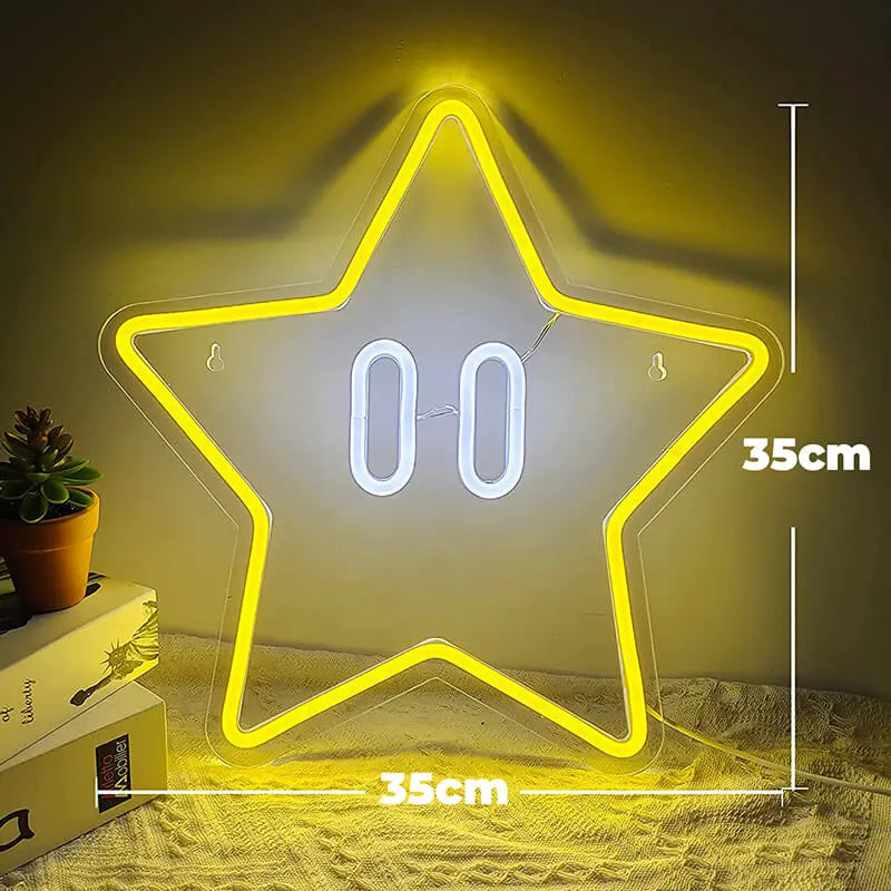 Super Star Neon LED Schild mit Maßangaben im Bild: 35 cm Höhe und 35 cm Breite am leuchtenden Sternmotiv