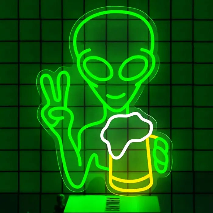 Alien with Beer Neon LED Sign – Dimmable, USB or 12V | Party & Bar Decor