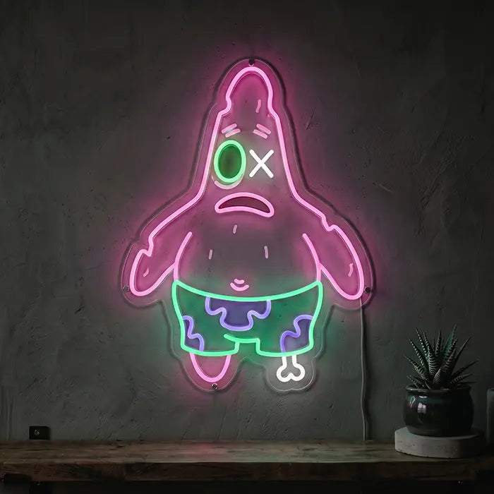 Patrick Zombie Neon LED Schild – Patrick Star als Zombie mit verdrehten Augen und Knochen