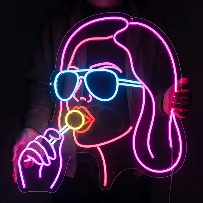 Girl with Lollipop Neon LED Sign – Dimmable with Remote | Pop Art Wall Decor