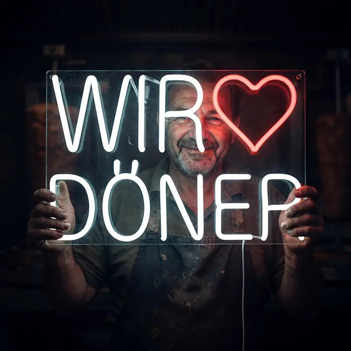 We Love Döner Neon LED Sign held with both hands by a smiling man