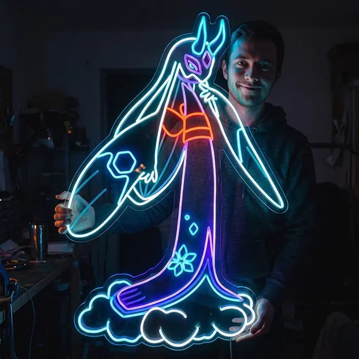Pokémon Mega Froslass Neon LED Sign held by a smiling man