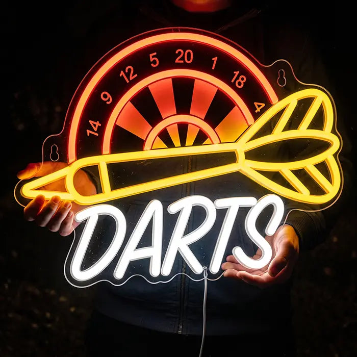 Darts Neon LED Sign with UV Print held in front of the body by a man