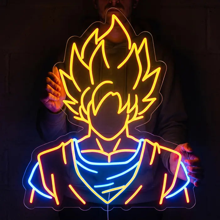 Super Saiyan Anime Hero Neon LED Sign held in front of the body by a man