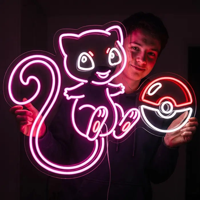 Cute Mew with Poké Ball Neon LED Sign – Dimmable with Remote | Pokémon Gaming Decor