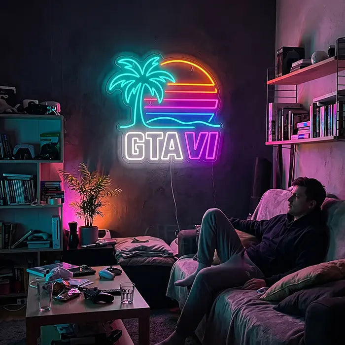 GTA VI Miami Set Neon LED Sign in the Standard design on a wall above a man on the sofa
