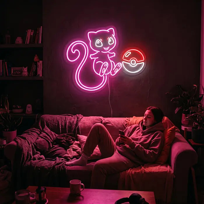 Cute Mew with Poké Ball Neon LED Sign – Dimmable with Remote | Pokémon Gaming Decor