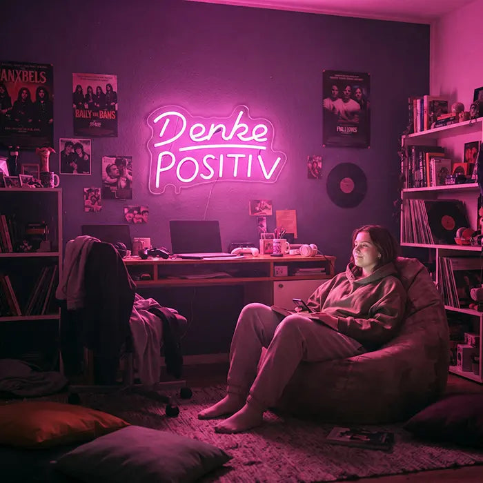 Denke Positiv Neon LED Schild taucht ein Jugendzimmer mit Postern und Regalen in warmes rosa Neonlicht
