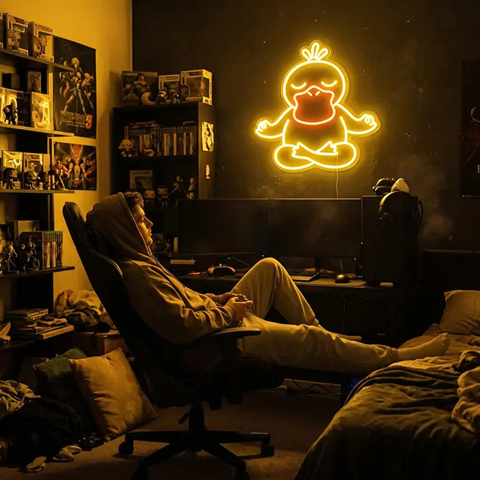 Pokémon Psyduck in Meditation Set Neon LED Sign, design Good Vibes Psyduck: above a gaming desk with figure shelves, a man in a gaming chair in front
