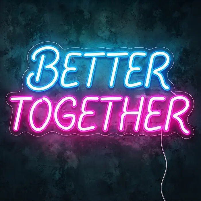 Better Together Neon LED Sign in blue-pink, front view on a dark wall