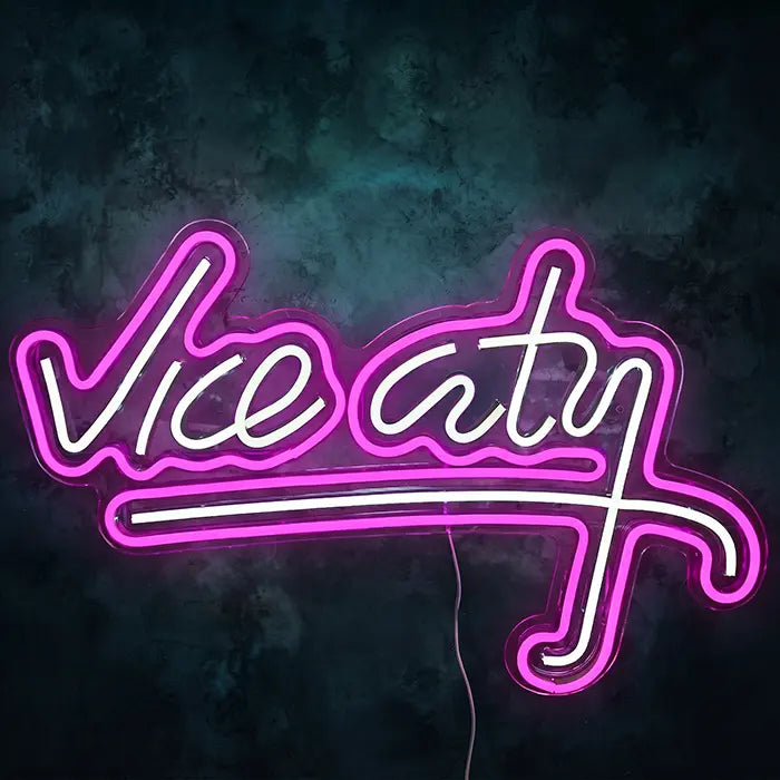 Vice City Original Neon LED Sign on a dark wall in glowing pink and white