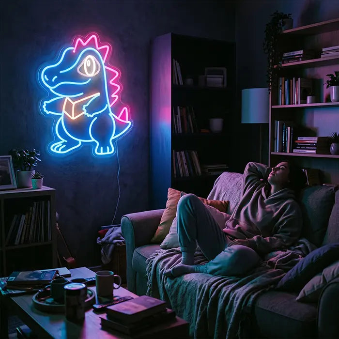 Pokémon Totodile Set Neon LED Sign, design Totodile Punk: above a woman relaxing on the sofa, a bookshelf beside