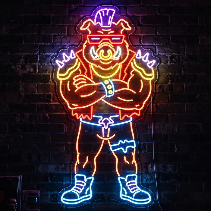 Ninja Turtles Set Neon LED Sign design Bebop as an orange warthog with a purple mohawk, sunglasses and crossed arms