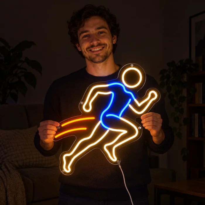 Evening Runner Neon LED Sign held by a smiling woman against a dark background