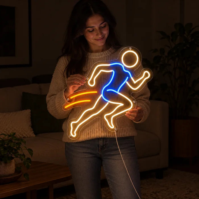 Evening Runner Neon LED Sign held by a woman, showing its size compared to her body