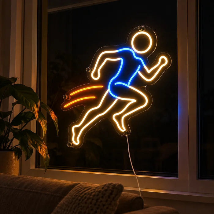 Evening Runner Neon LED Sign in the window of a cosy living room in the evening