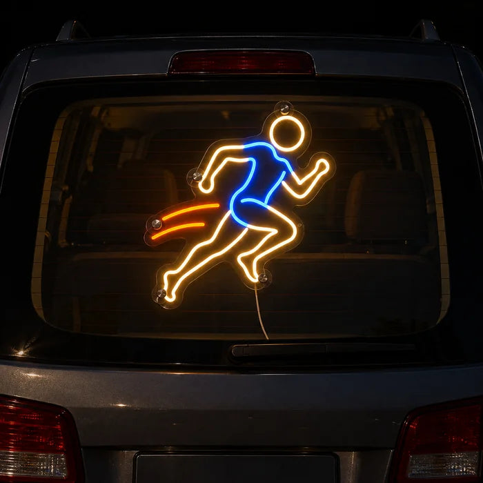 Evening Runner Neon LED Sign on the rear window of a car at night