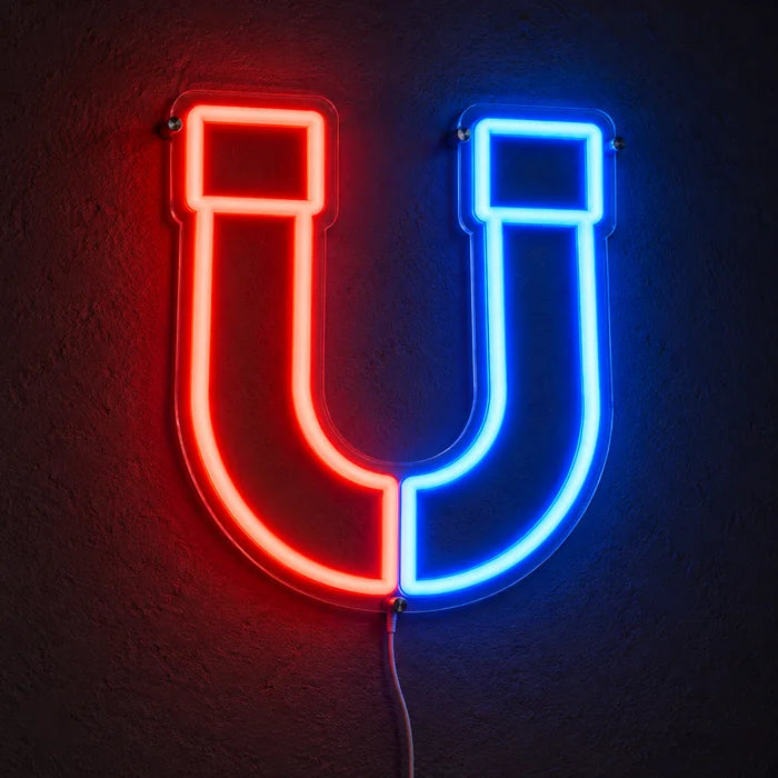 Magnetic Attraction Neon LED Sign glowing on a dark wall, close-up with connection cable