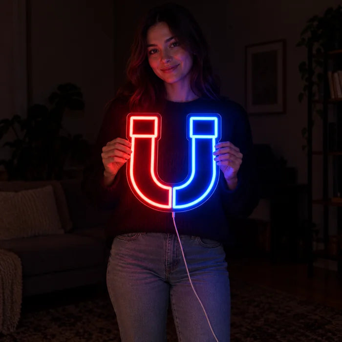 Magnetic Attraction Neon LED Sign held by a woman, showing its size compared to her body