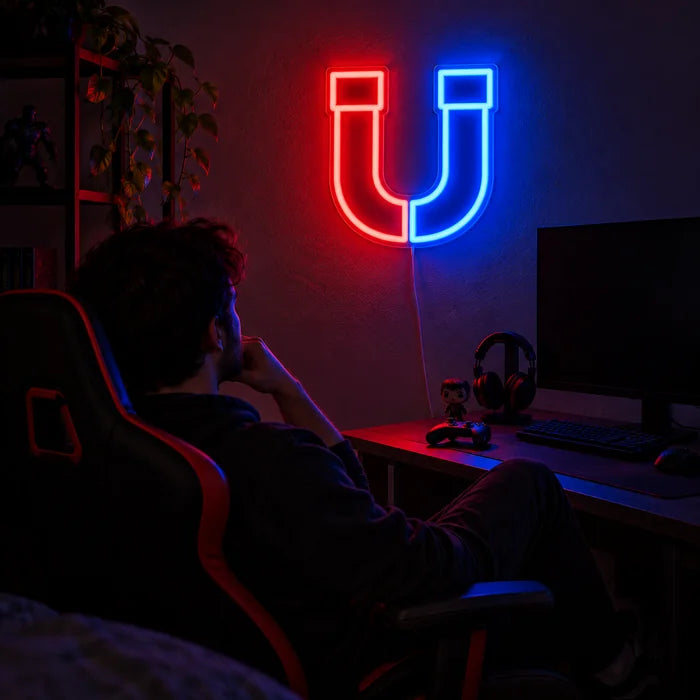 Magnetic Attraction Neon LED Sign above a gaming desk, a gamer in a gaming chair in front of it