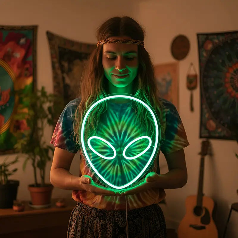 Alien Neon LED Schild beleuchtet – grüner Außerirdischer als USB-Leuchtschild