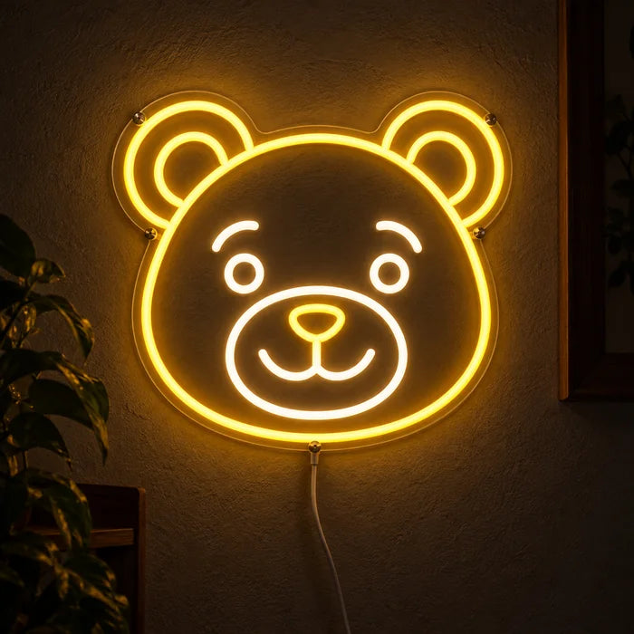 Bear Smile Neon LED Sign glowing on a dark wall, close-up with connection cable