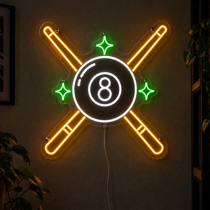 Crossed Pool Cues Neon LED Sign glowing on a dark wall, close-up with connection cable