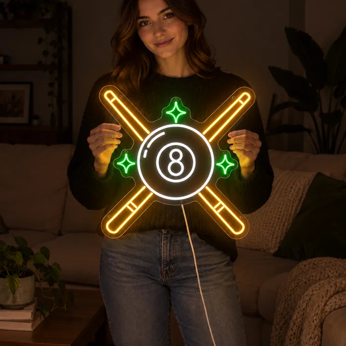 Crossed Pool Cues Neon LED Sign held by a woman, showing its size compared to her body