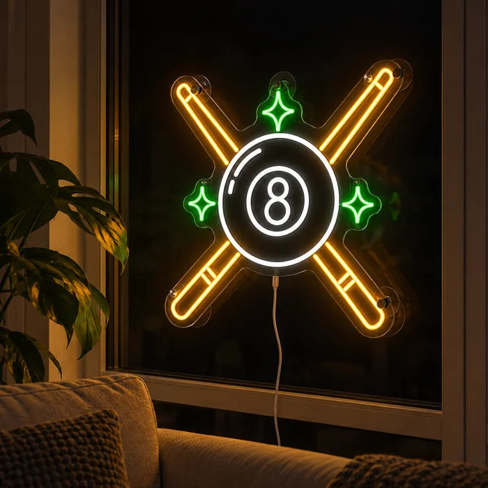 Crossed Pool Cues Neon LED Sign in the window of a cosy living room in the evening
