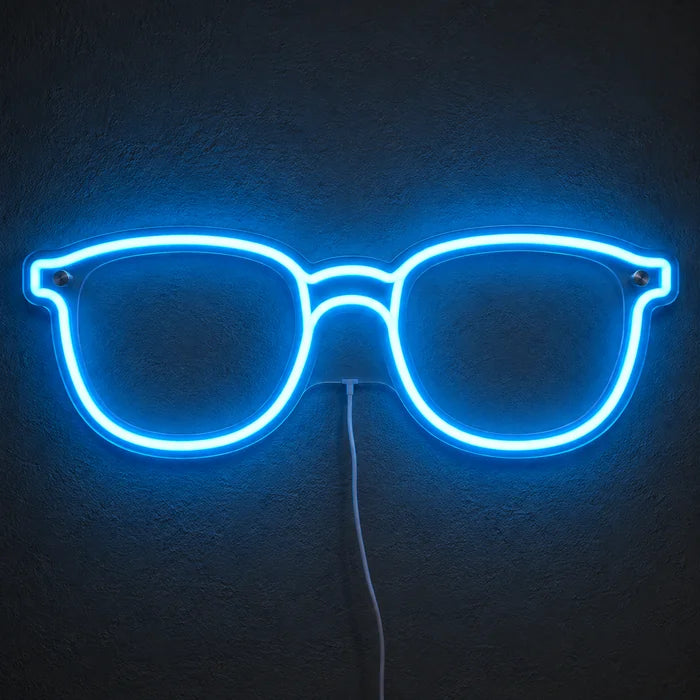 Blue Glasses Neon LED Sign glowing on a dark wall, close-up with connection cable