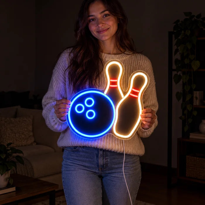 Bowling Night Neon LED Sign held by a woman, showing its size compared to her body