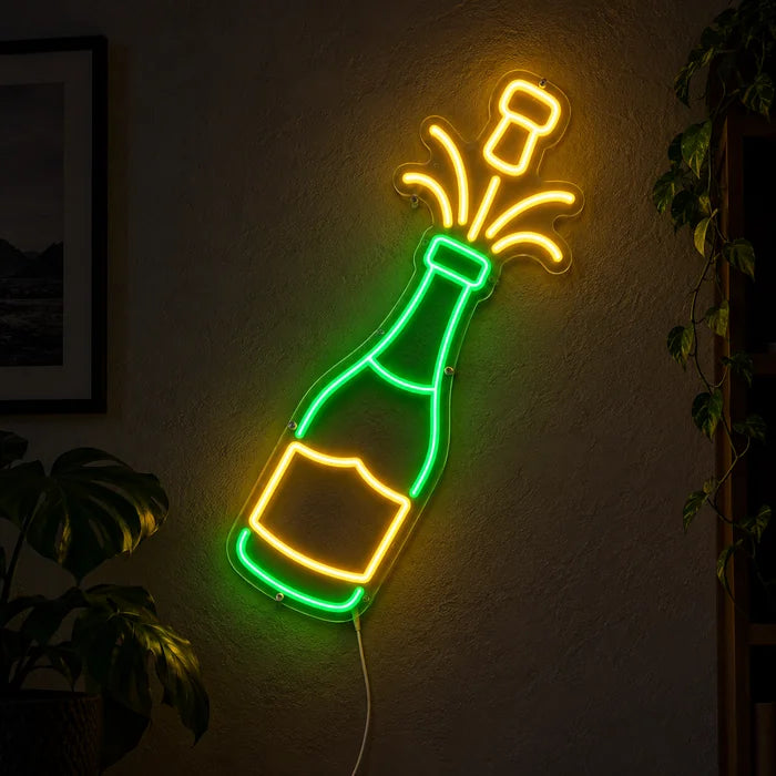 Champagne Neon LED Sign glowing on a dark wall, close-up with connection cable