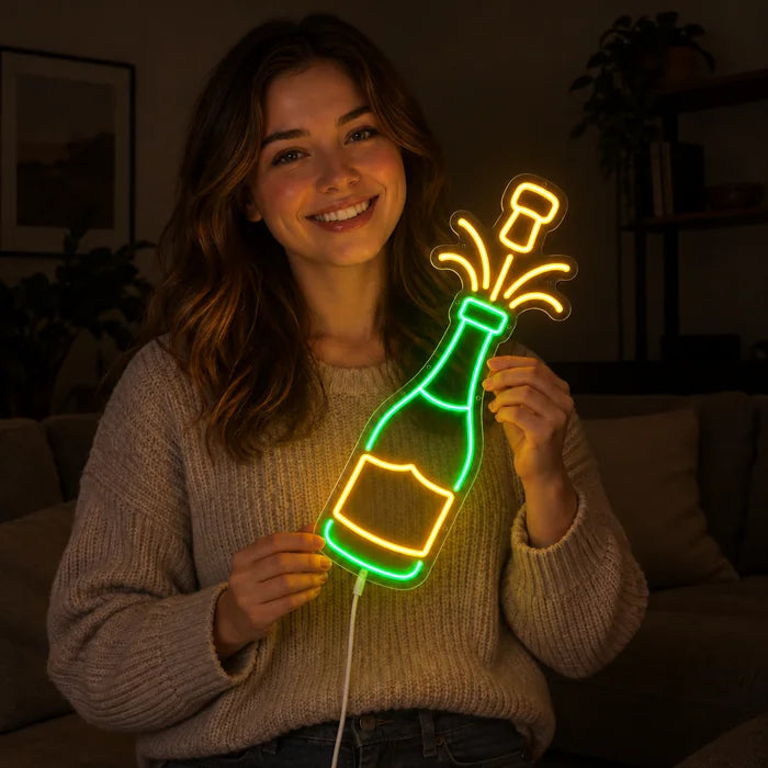 Champagne Neon LED Sign held by a smiling woman against a dark background