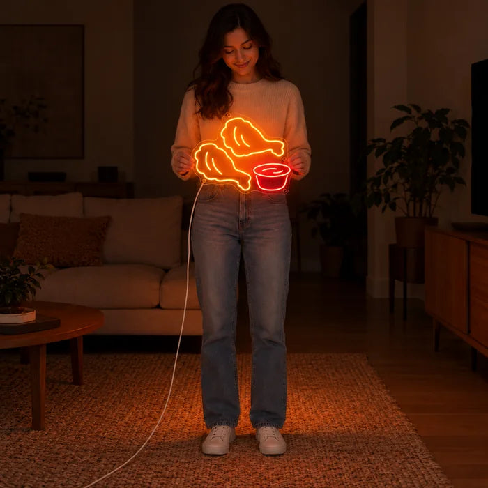 שלט ניאון LED צ׳יקן נאגטס מוחזק בידי אישה, מציג את הגודל ביחס לגוף