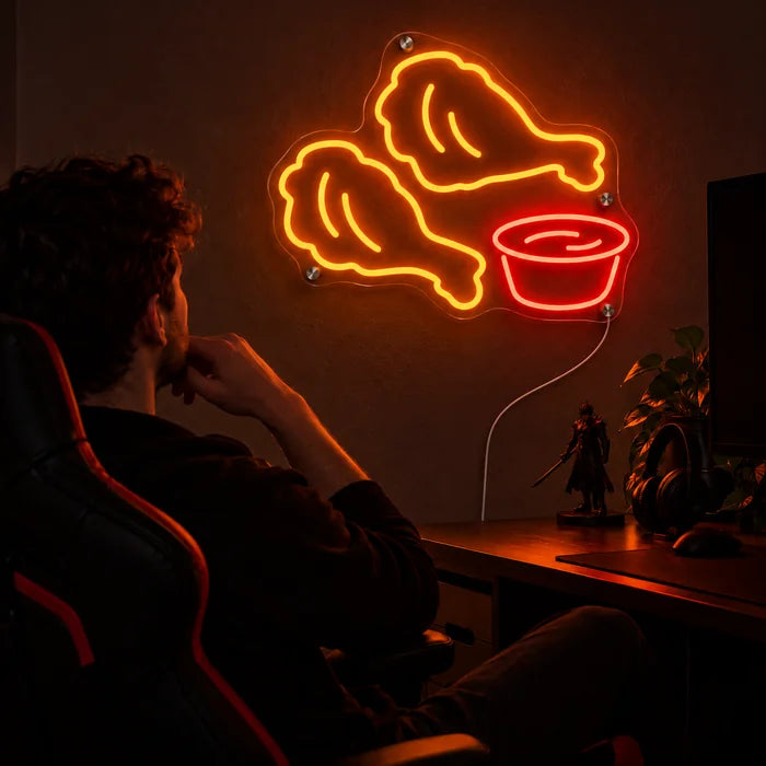 שלט ניאון LED צ׳יקן נאגטס מעל שולחן הגיימינג, לפניו שחקן בכיסא גיימינג