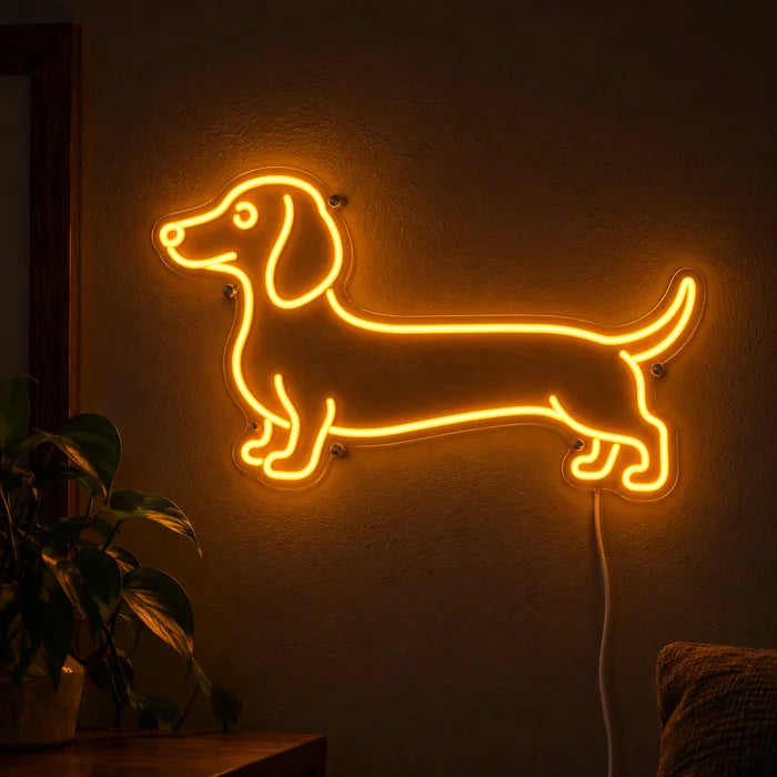 Dachshund Neon LED Sign glowing on a dark wall, close-up with connection cable
